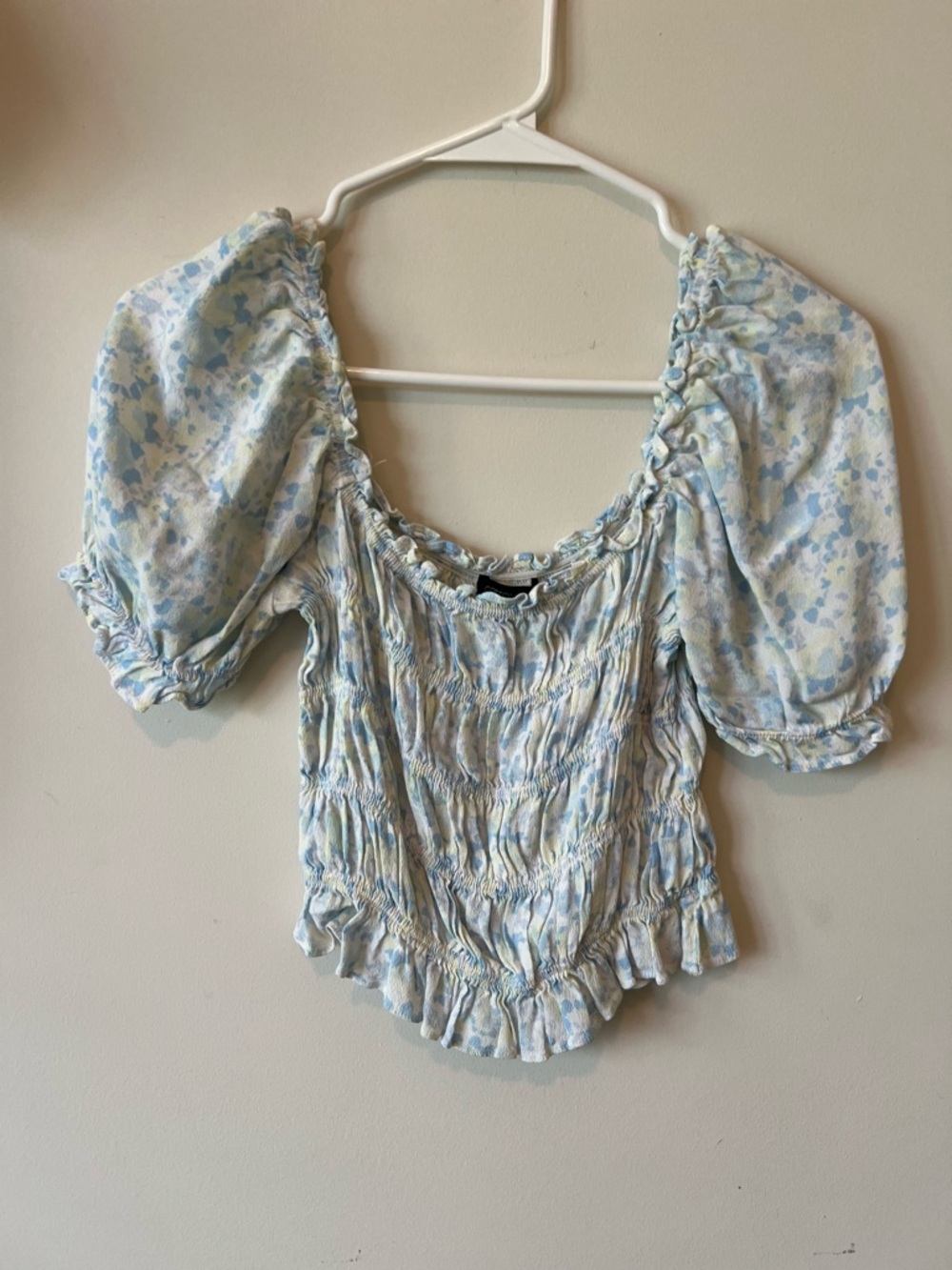 Cotton Candy Blue Floral Smocked Puff Sleeve Top
